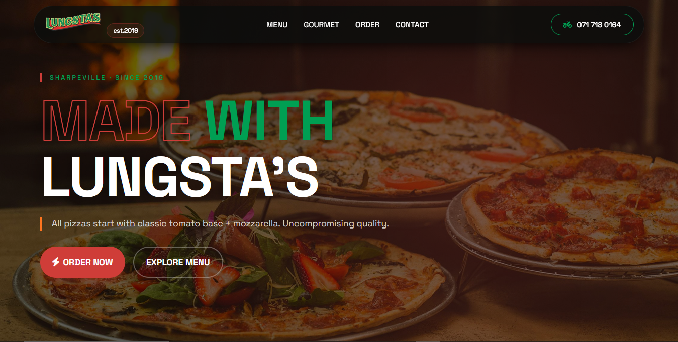 Lungsta's Pizza restaurant website homepage preview - pizza menu and ordering system
