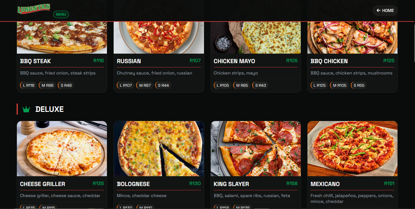 Lungsta's Pizza website menu section with WhatsApp order button